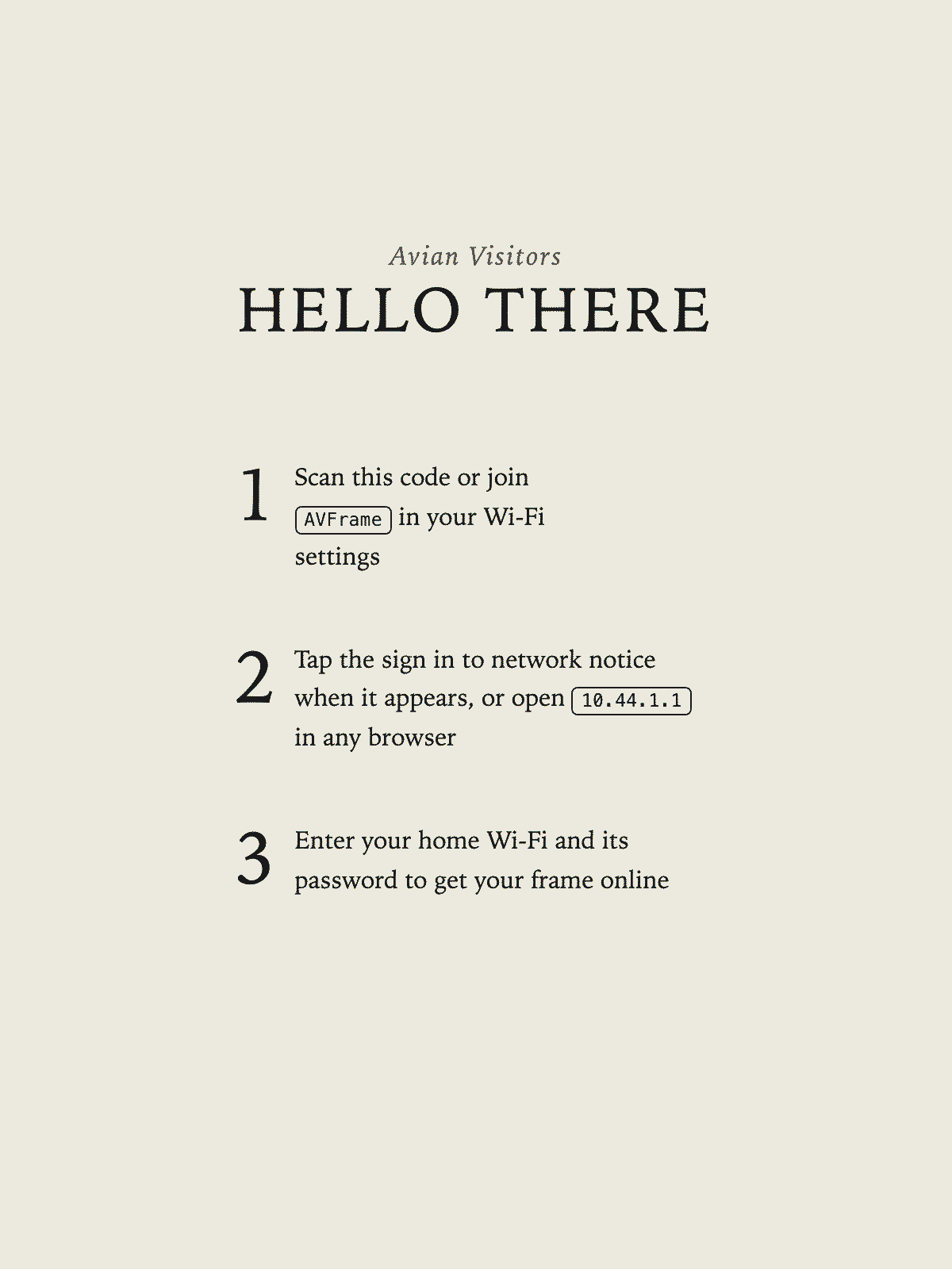 The setup card on the frame: scan the code or join AVFrame, tap the sign in notice, enter your Wi-Fi.